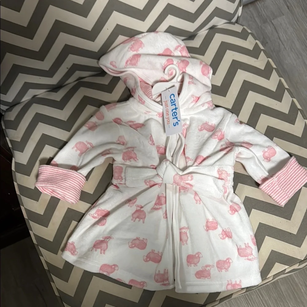Carter's White and Pink Elephant Hooded Baby Bathrobe